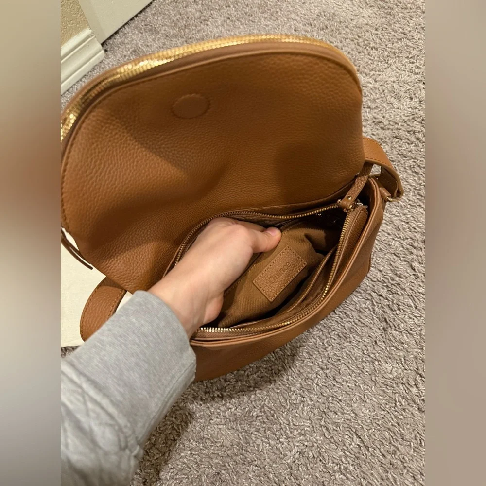 New Quince Italian Leather Foldover Crossbody in Cognac - Picture 14 of 15